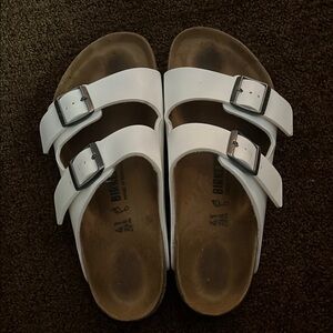 Birkenstock White and Brown Sandals with Cork Footbed